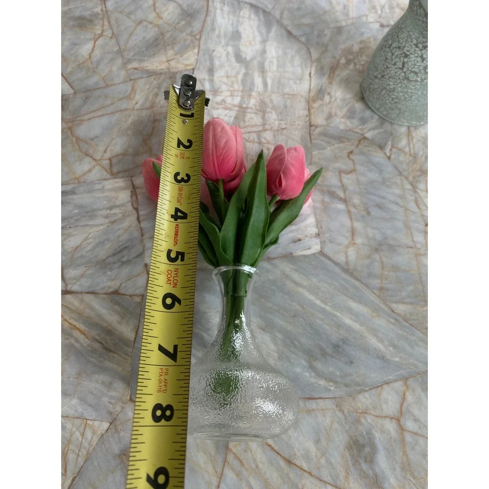 Pink Faux Tulips in‎ Textured Clear Glass Bud Vase Arrangement 8.5 Inch